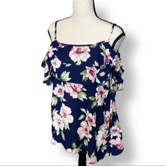 🟢 Cold Shoulder Bell Sleeve Floral Spaghetti Strap Ruffle Top - Picture 2 of 10